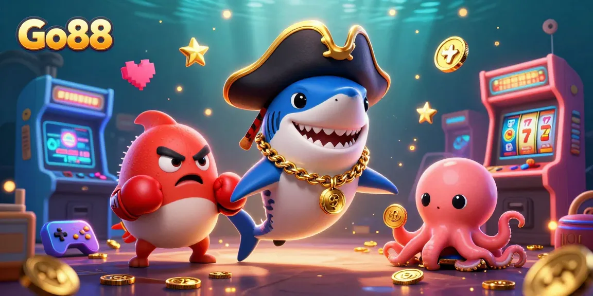Engage with Go88's vibrant casino world featuring a shark, pufferfish, and octopus with gold coins.