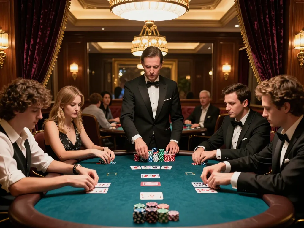 Players engaging at a luxury MM88 poker table, showcasing intense focus and strategic gameplay.