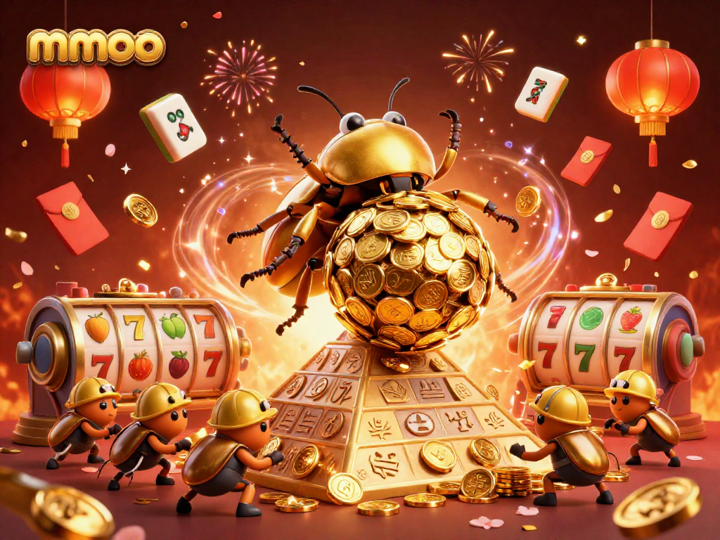 Play slots and win big with mmoo in this dynamic, vibrant casino illustration.