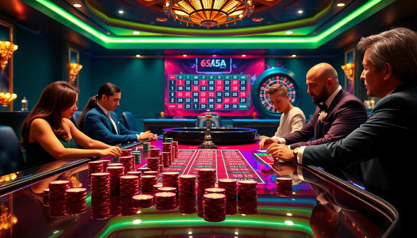 Engaging scene at the 65A casino with poker players and roulette wheel highlighting excitement.