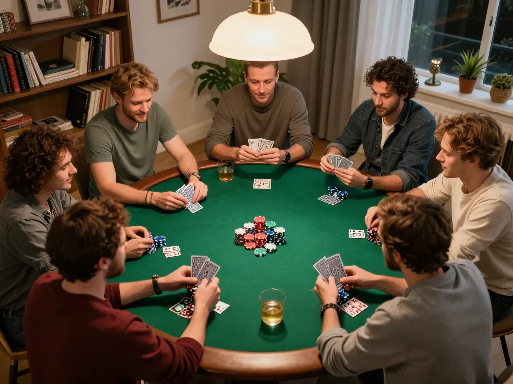 Engaging game of poker with friends at home showcasing HITCLUB's strategic gameplay atmosphere