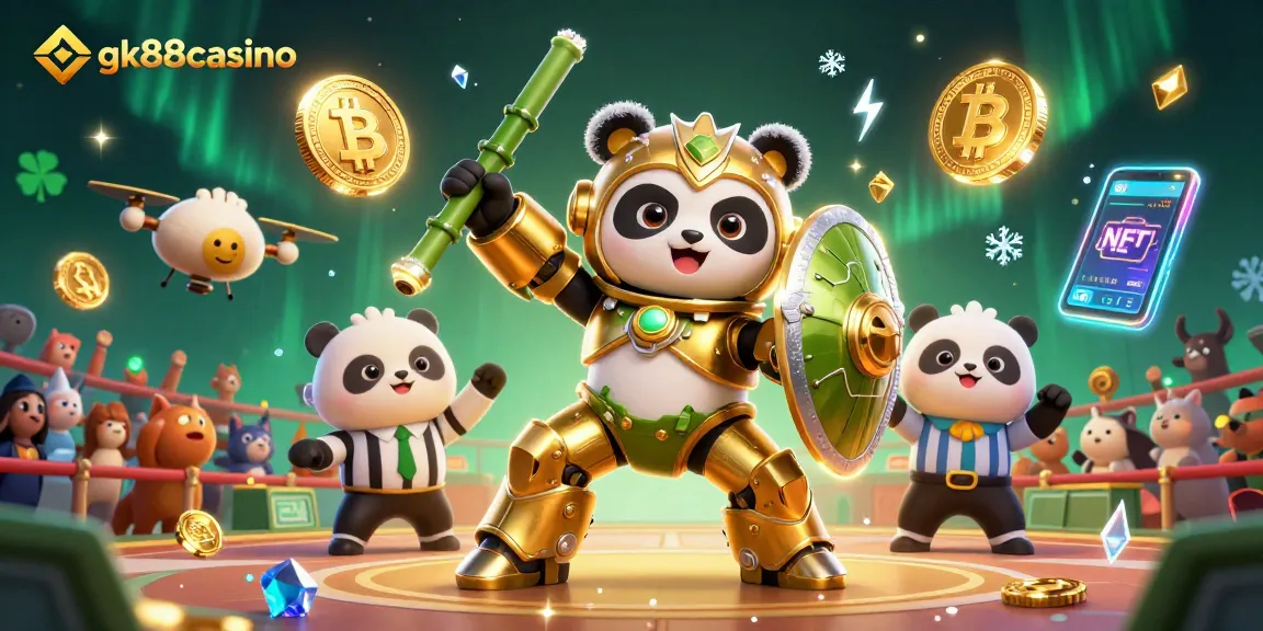Experience thrilling betting action with gk88casino's vibrant 3D scene featuring a golden panda mech and crypto elements.