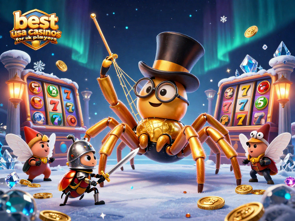 Engage with the best usa casinos for uk players, featuring a golden tarantula and beetle knight in a vibrant casino scene