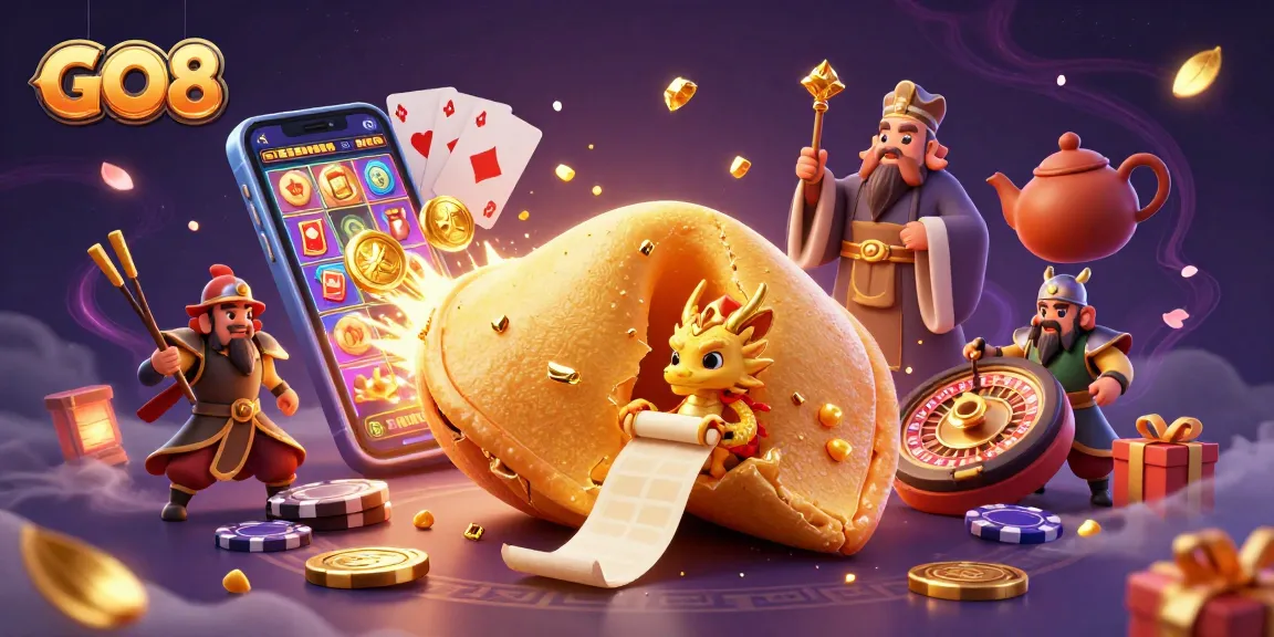 Experience dynamic gaming adventure at GO8 with golden fortune cookie, dragon, and exciting slots.