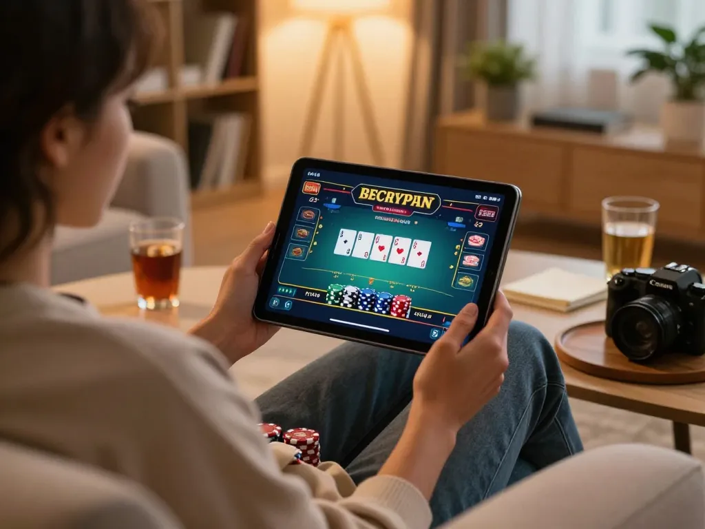 Engaged user playing sv368 baccarat on tablet in cozy home setting.