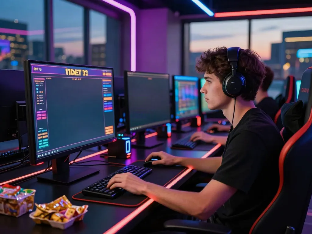Gamer immersed in 11bet online casino experience, with dynamic graphics and modern setup.
