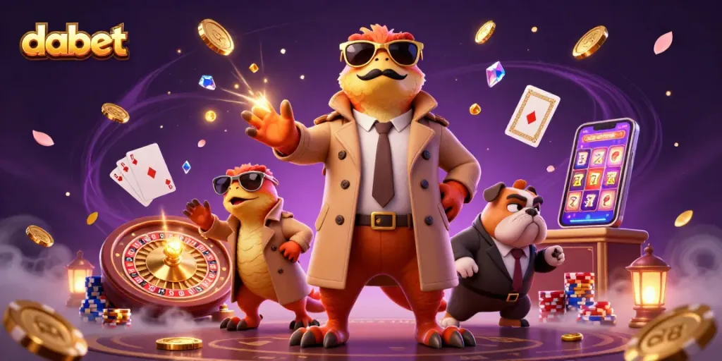 Experience dabet’s thrilling gambling adventure with raptors and coins in a stunning casino scene.