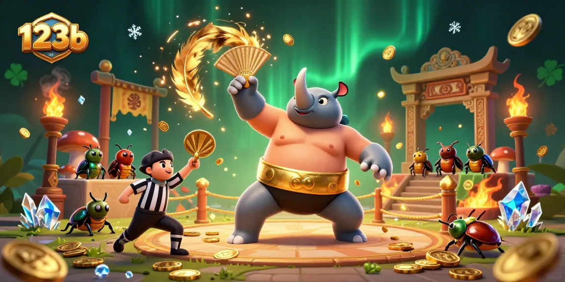 Experience the excitement of 123b as a rhinoceros beetle sumo champion sends coins flying in a vibrant casino scene.