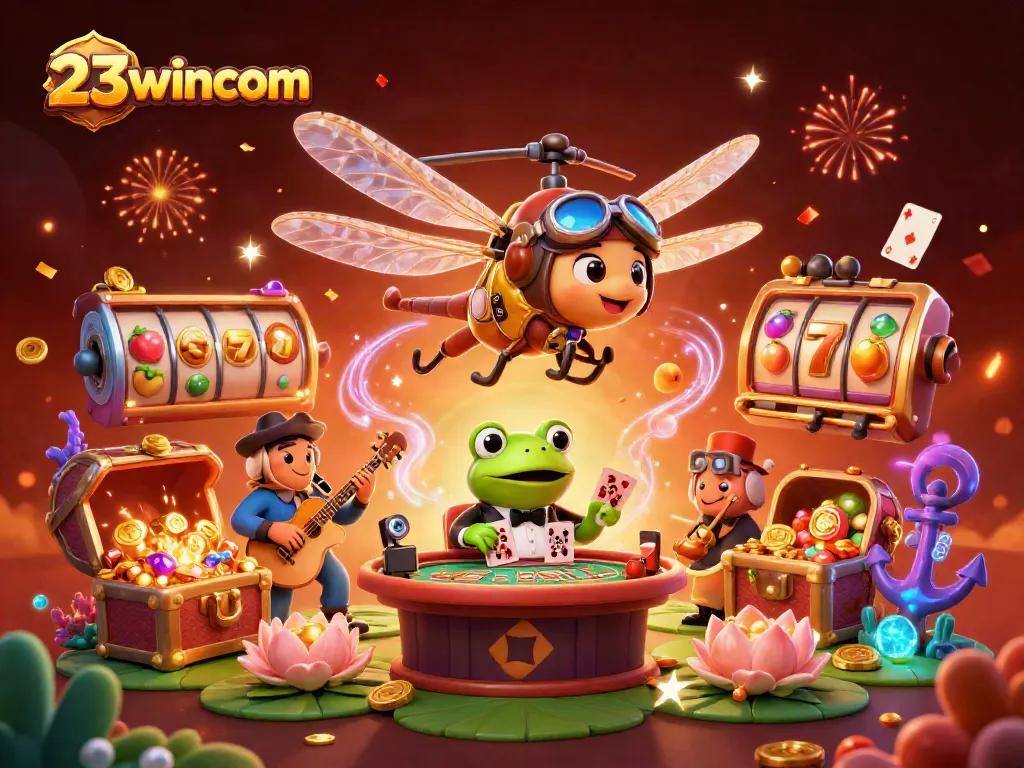 23wincom showcases exhilarating card dealing and slot action in a vibrant casino fantasy scene.
