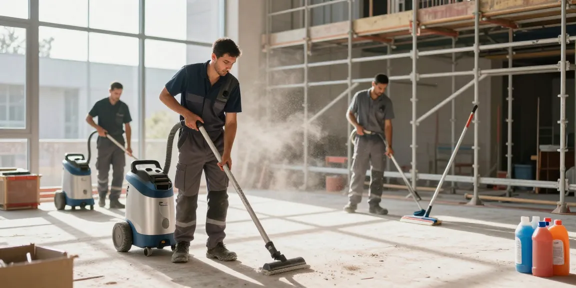 Efficient workers demonstrating bauendreinigung preis in a professional post-construction cleaning scene.