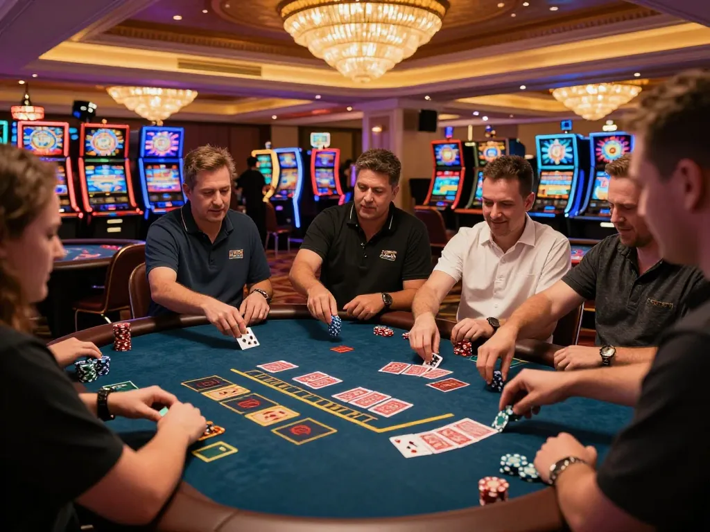 Ace96au players strategically placing bets at an exciting blackjack table, vibrant casino atmosphere.