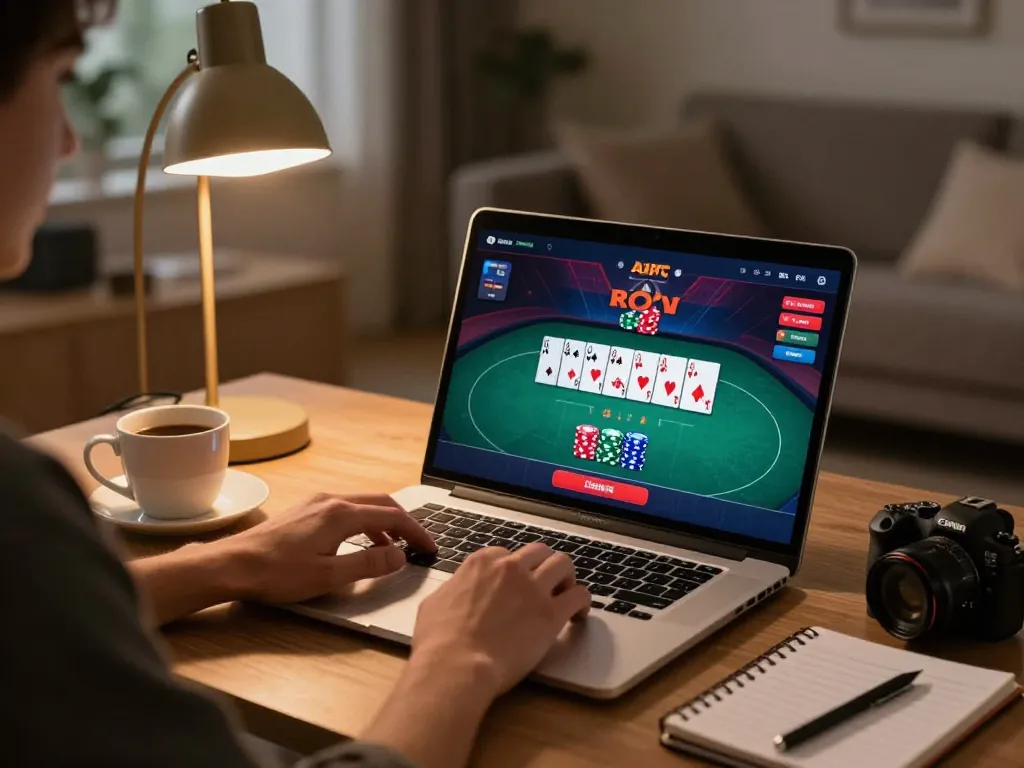 68win player engages in strategic online poker gaming from home with a cozy setup.