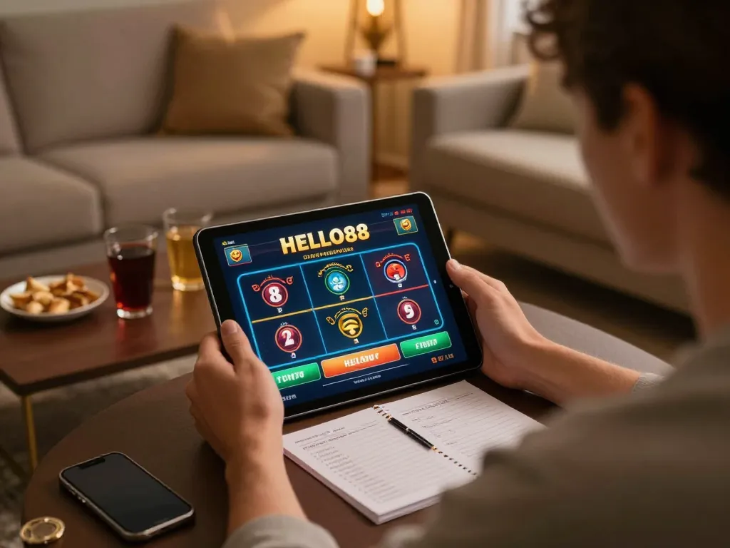 Player engaging in HELLO88 online gaming on a tablet in a cozy living room.