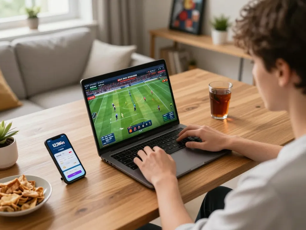 Player engaging in online sports betting on 123Win, showcasing a comfortable home gaming setup