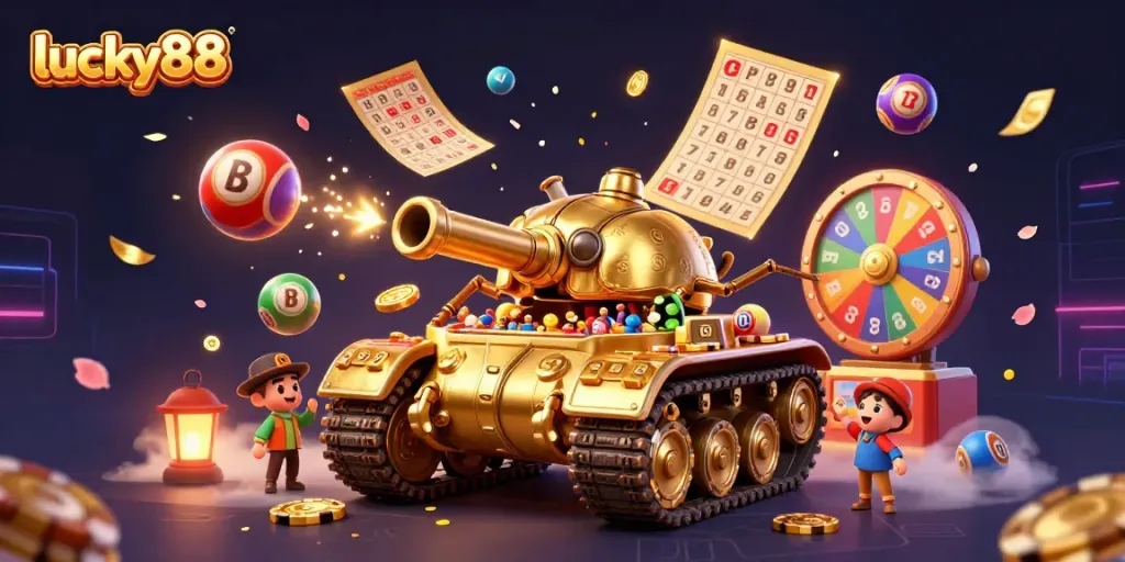 Experience vibrant gaming action with lucky88 in a dynamic 3D illustration of a mini casino inside a golden tank.
