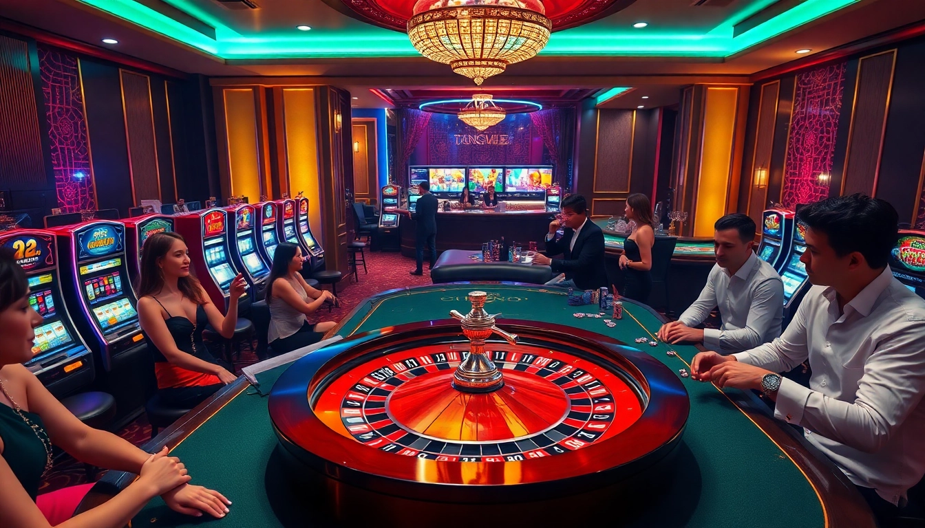TG88 casino scene showcasing vibrant games, poker tables, and roulette wheels.