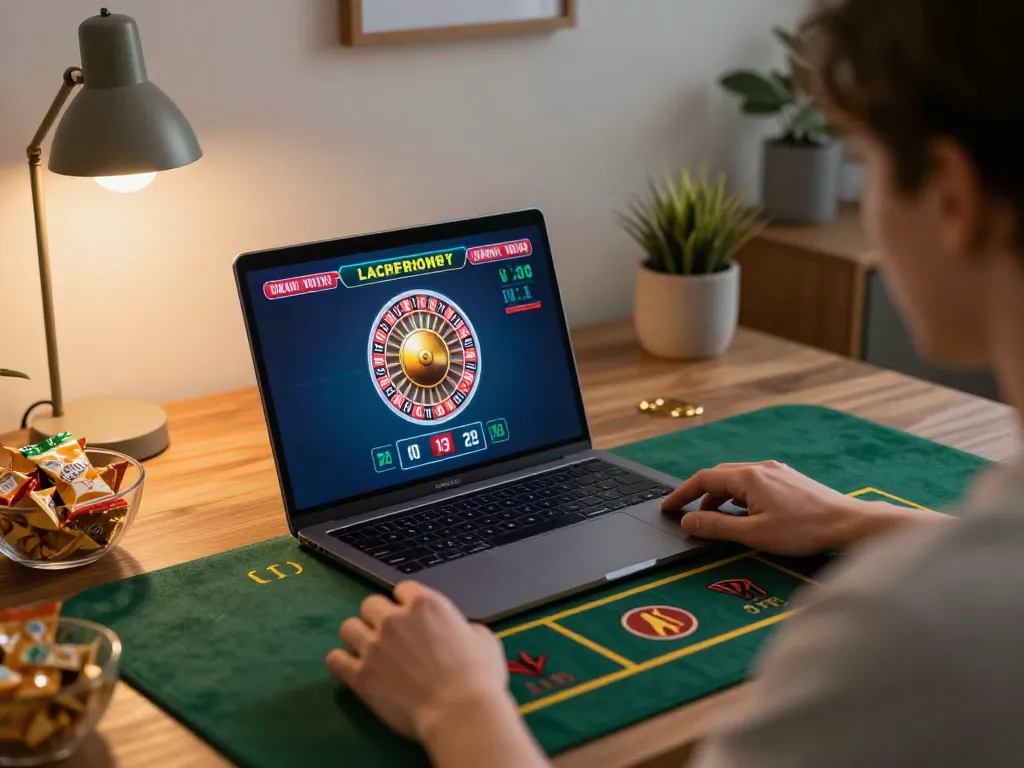 Engaging in a live dealer game on GO8 platform with laptop and snacks