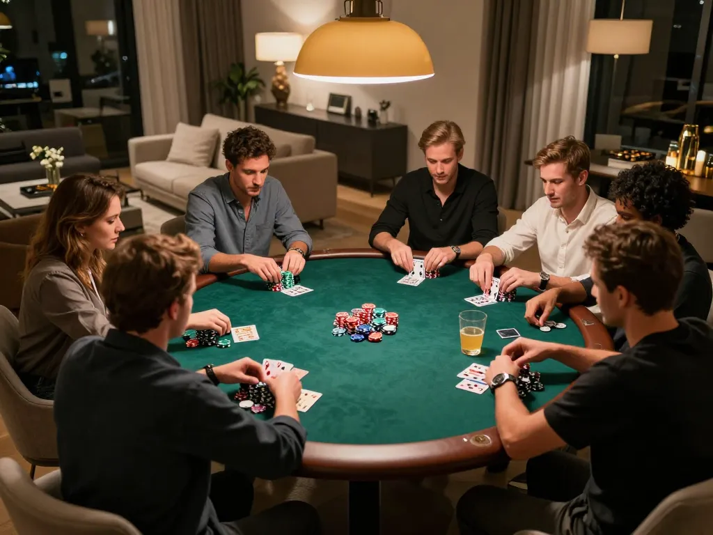 Players engaging in a friendly poker night at home, optimizing their strategies with 33win.