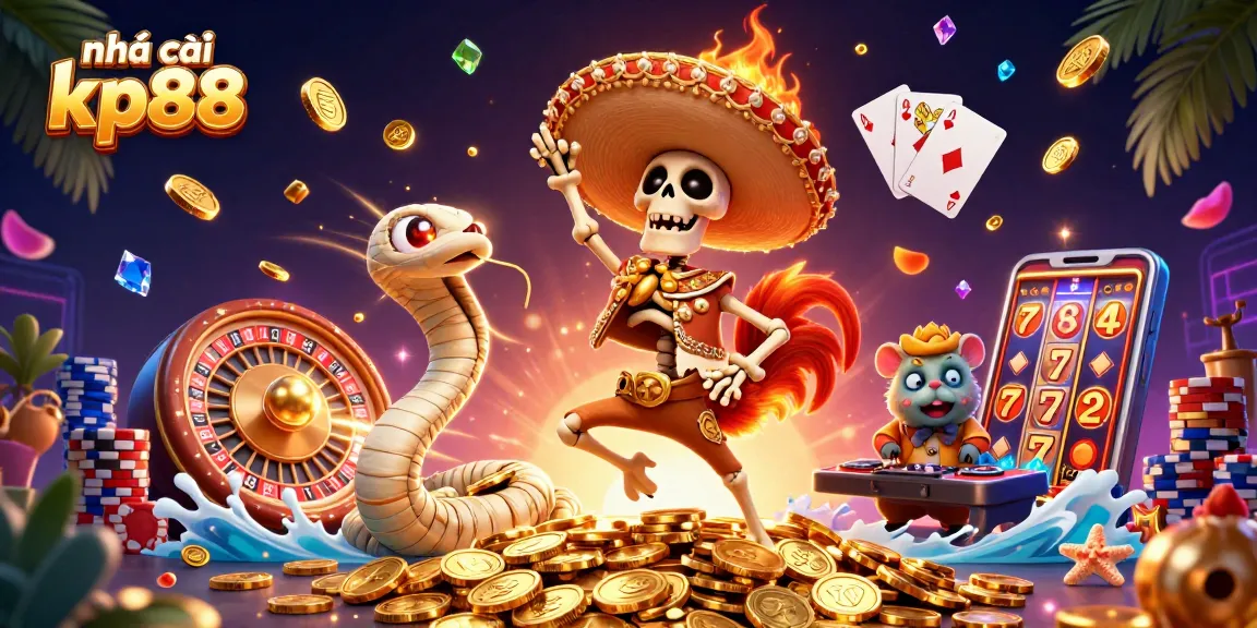 Engage with nhà cái kp88's vibrant 3D casino scene featuring a dynamic celebration with animated characters and gaming elements.