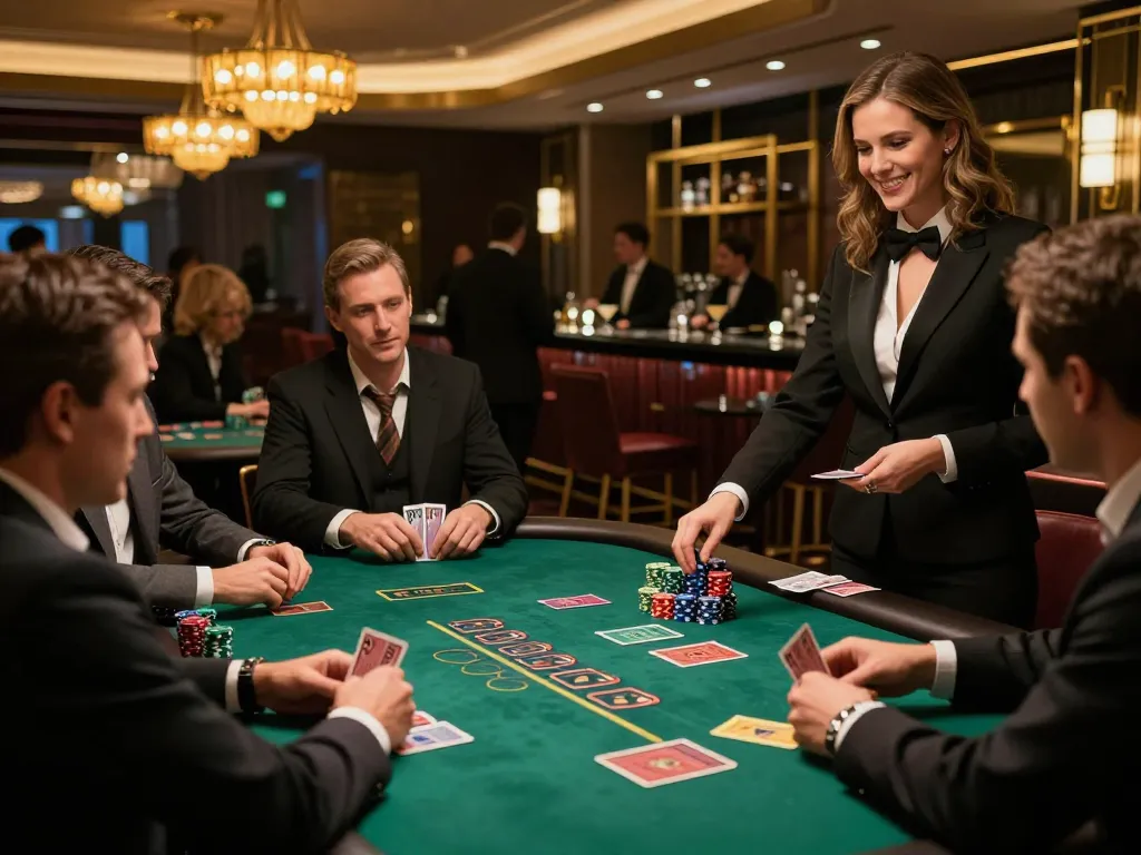 Players strategizing at a blackjack table in an upscale casino, showcasing the engaging experience with ok365