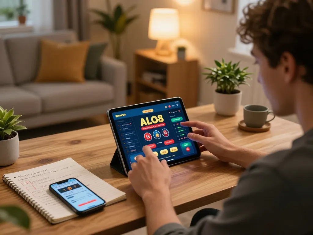 Player engaging in online casino games with ALO8 app on tablet, showcasing a relaxed gaming environment.