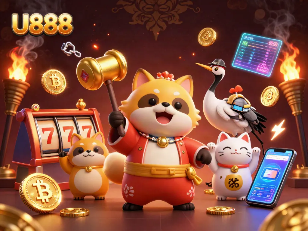 Experience thrilling gaming at U888 with slots, cheerful characters, and vibrant casino elements.