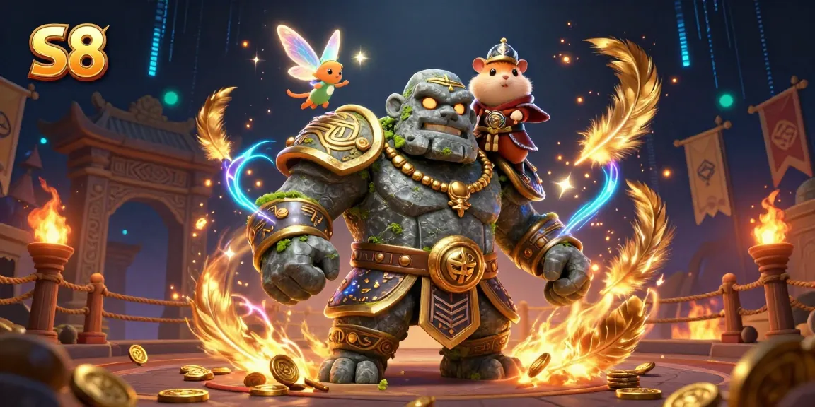 Engage with the thrilling world of S8 as animated characters battle amidst sparkling magical visuals and casino elements.