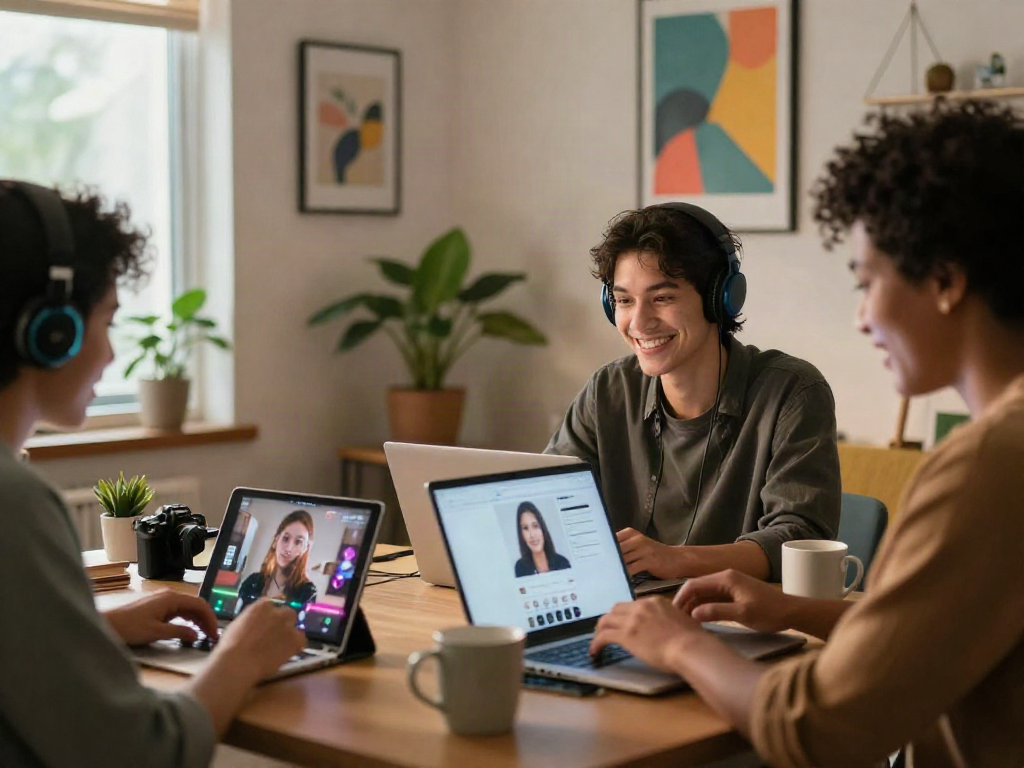 Engaging sex chat AI scene with diverse users connecting via devices in a vibrant home office.