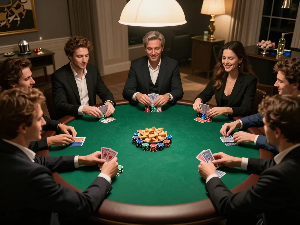 33win poker night at home, friends engaged in strategy and excitement with chips and cards.