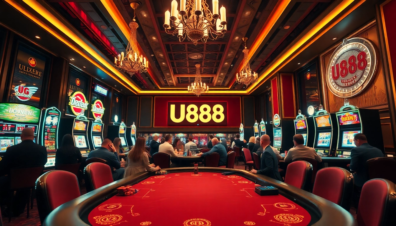 Experience the thrilling U888 gaming environment with players at an elegant poker table and bright slot machines.