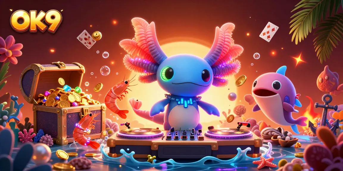 Engage with OK9's vibrant underwater casino scene featuring a neon axolotl DJ and energetic shrimp.