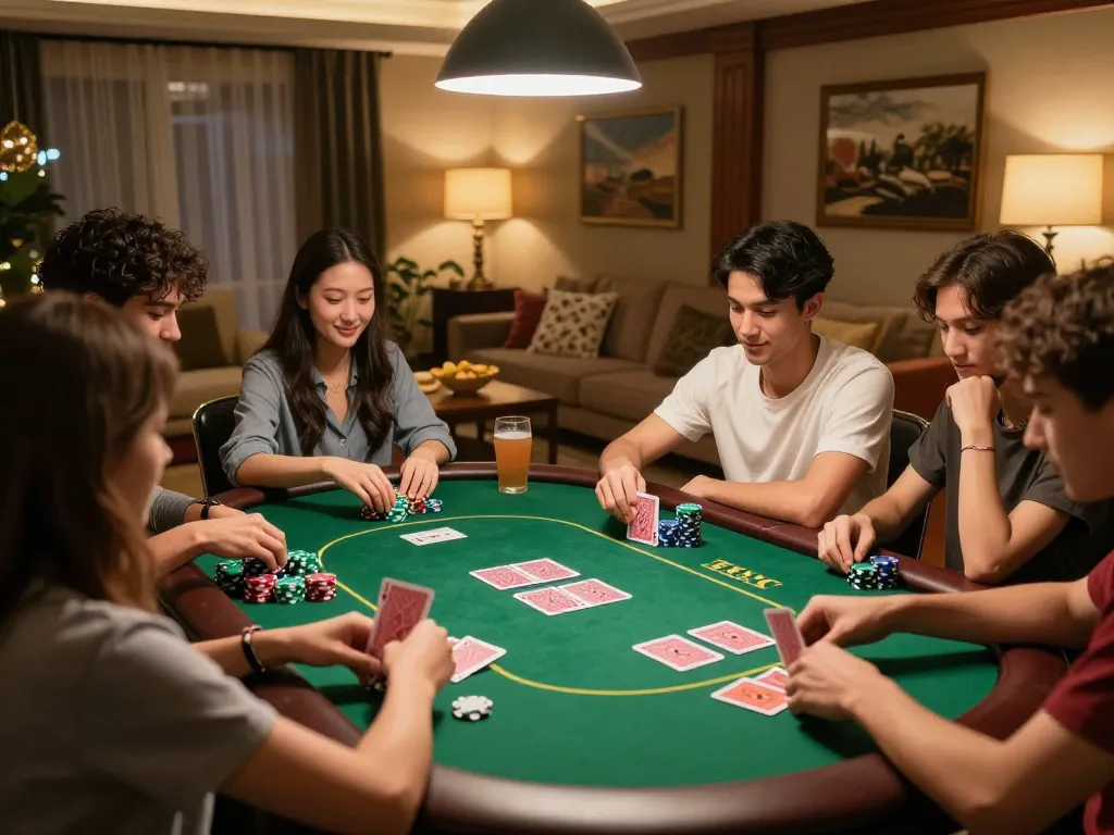 Nohu90 home poker game night with friends celebrating strategy and excitement at the table.
