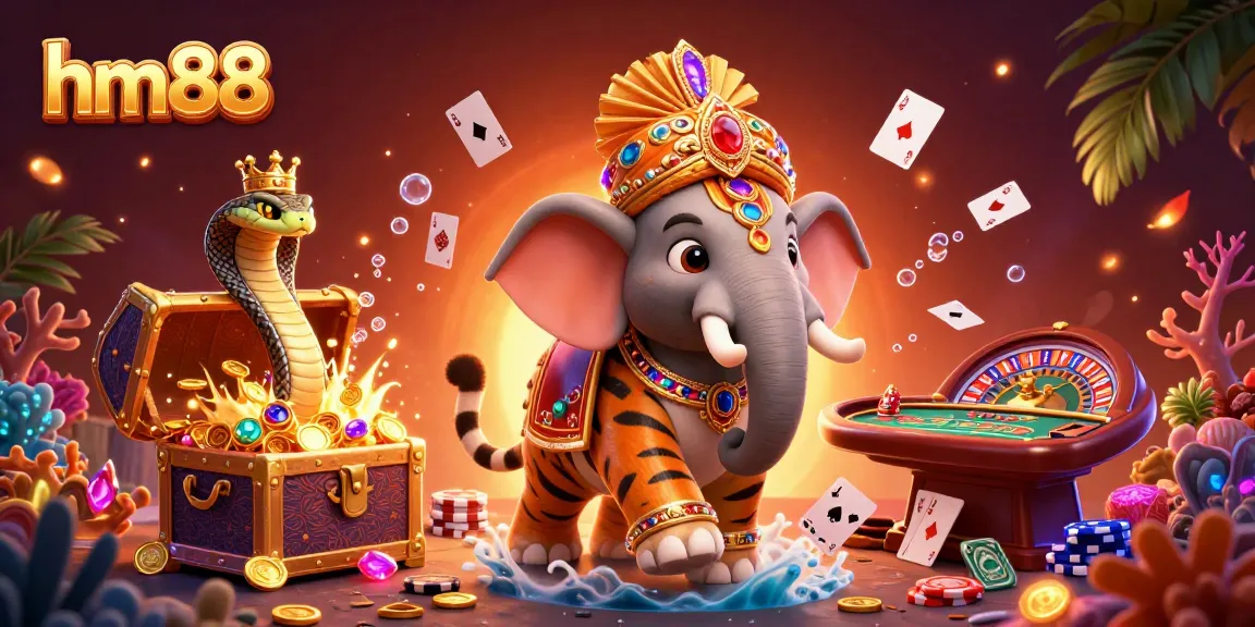 Experience the excitement of hm88 with a vibrant casino-themed 3D illustration showcasing jackpots and games.