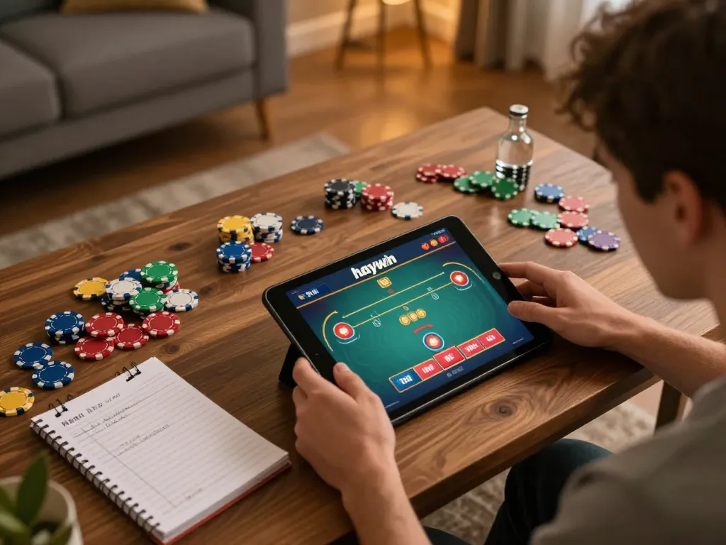 Engaging player enjoying Haywin online casino gaming on a tablet, showcasing strategy and vibrant home setting