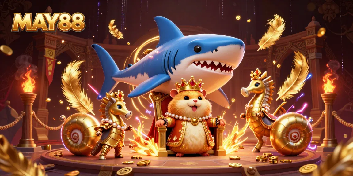 MAY88 invites you to experience thrilling games with the fierce golden hamster king in a vibrant casino setting