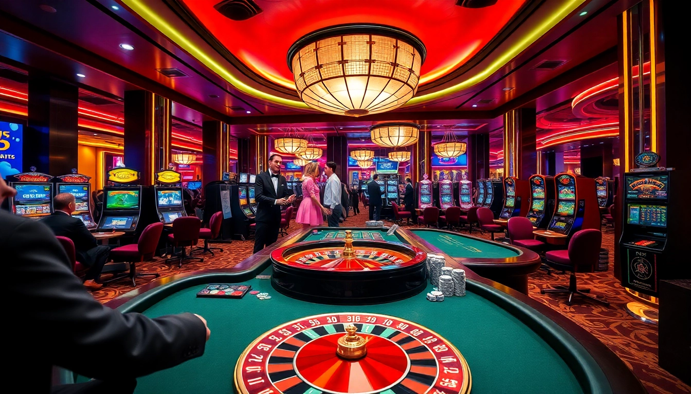 Engaging players in a luxurious KK55 casino setting with roulette, poker, and slot machines.