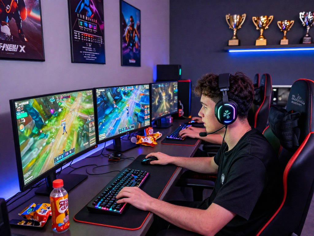 Gamer immersed in competitive gaming with KOMBET168 interface on screen, vibrant setup showcasing high-tech equipment and energy.