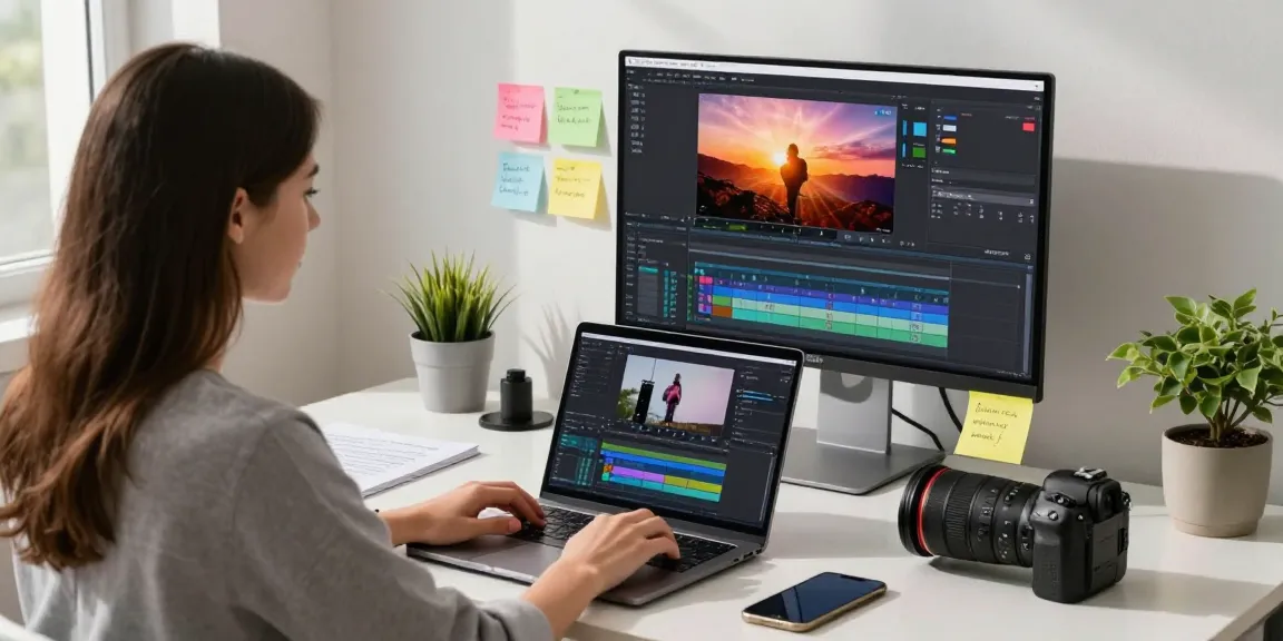 Write text on video in a creative workspace with a young woman editing video text overlays on a laptop.
