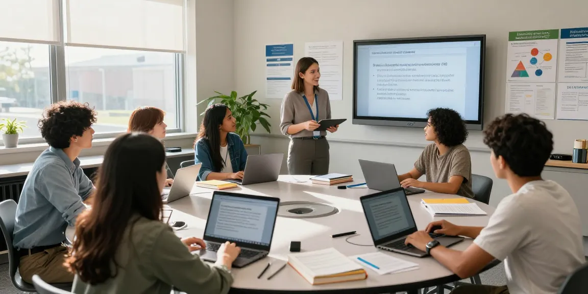 Students discussing 123b educational laws in a modern classroom