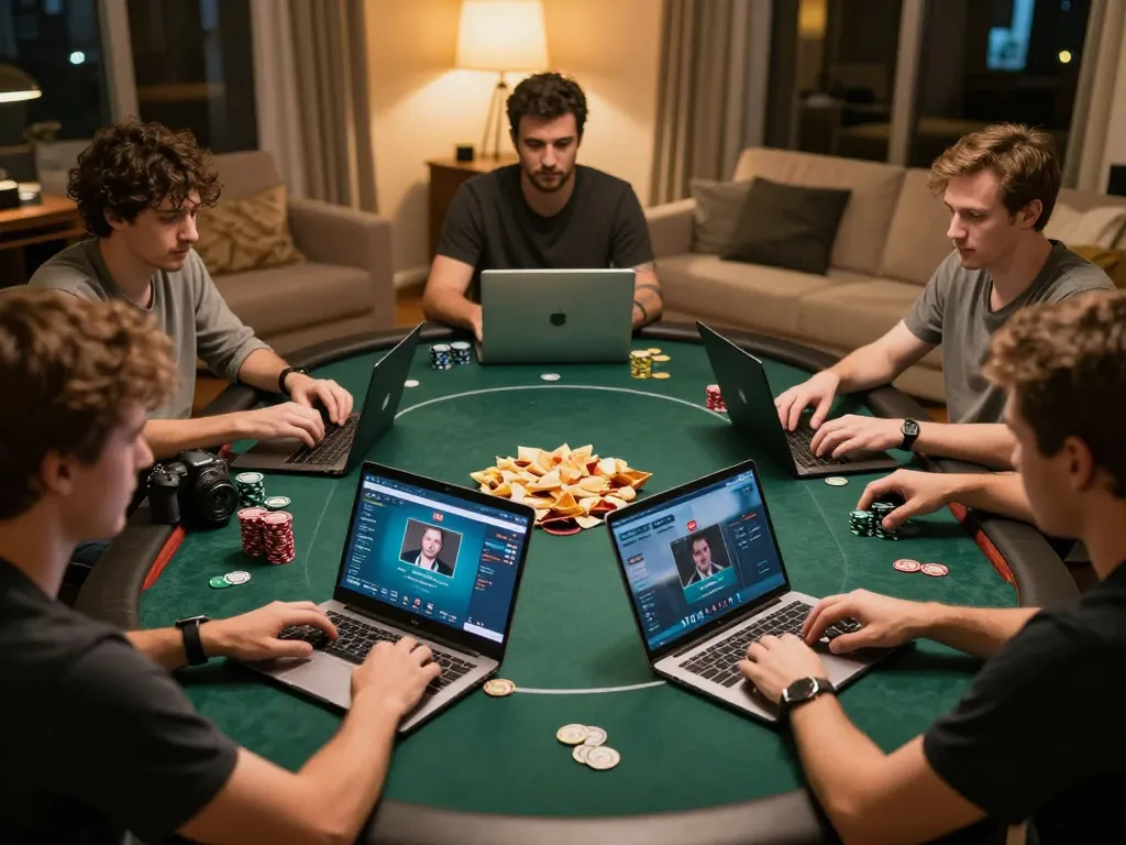 TR88 online poker game setup with engaged players discussing strategies in a warm home environment