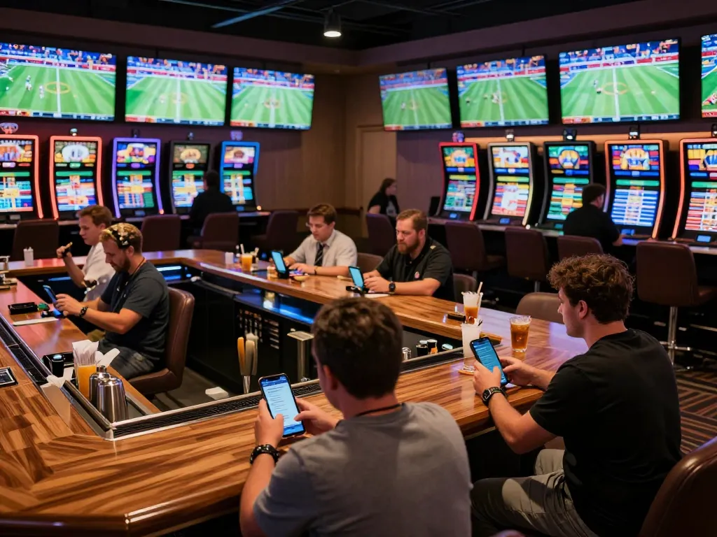 Engaged bettors at win678 com's modern sports betting lounge, showcasing live events and wagering excitement.