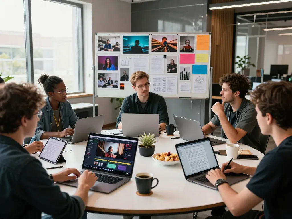 Creative workspace showcasing Seedance 2.0's AI video production with diverse team collaboration.