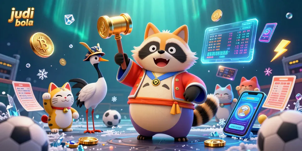 Join the exciting world of judi bola sports betting with engaging characters and neon elements.