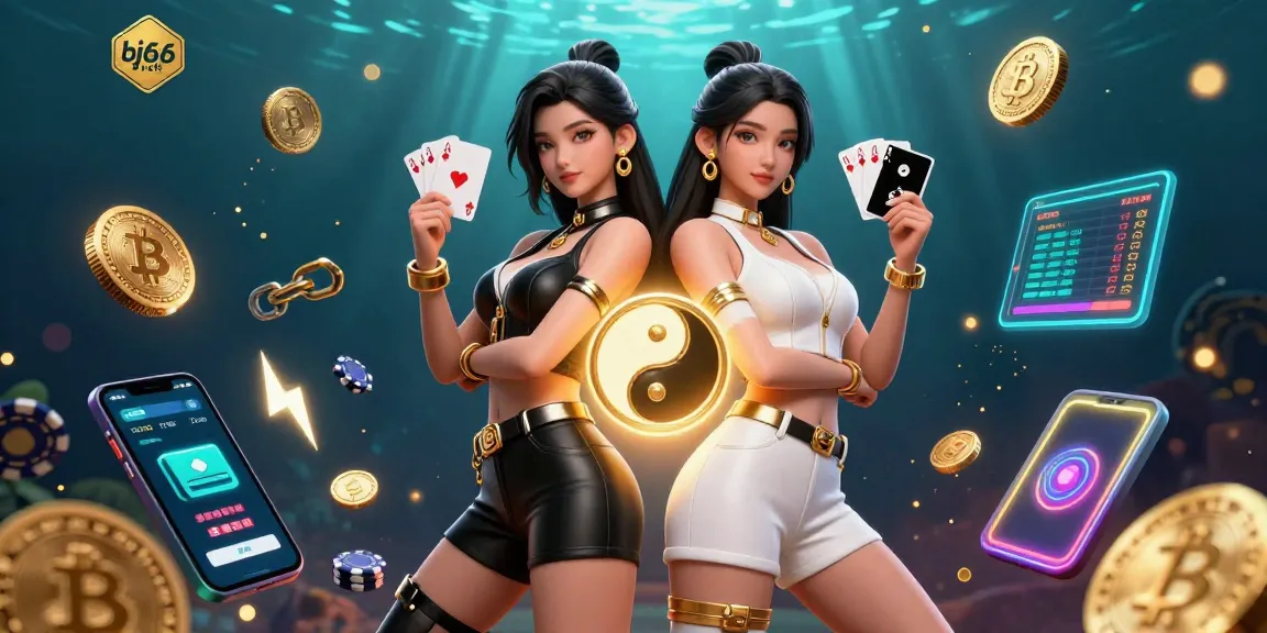 Engage with bj66 net's dynamic online casino experience featuring twin Asian women, vibrant game elements, and a striking glowing background.