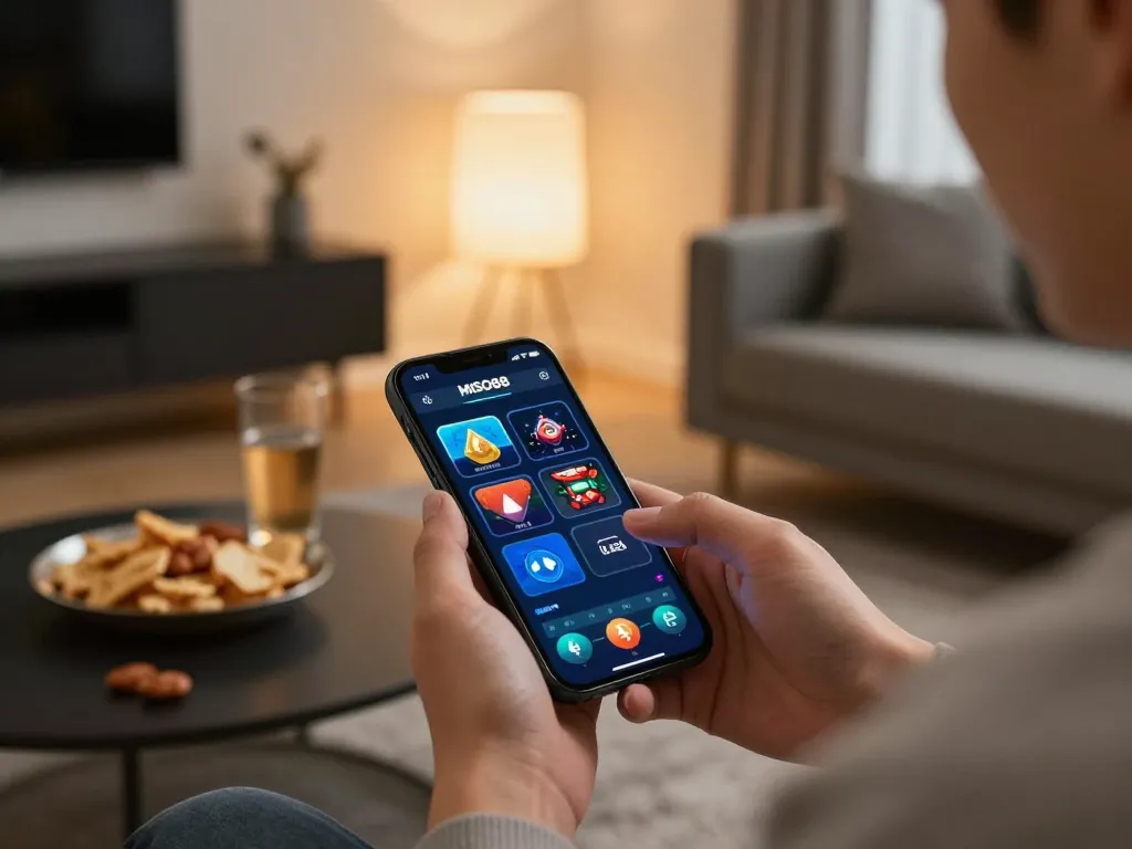 MISO88 player engaging with casino app on a smartphone in a cozy home setting.