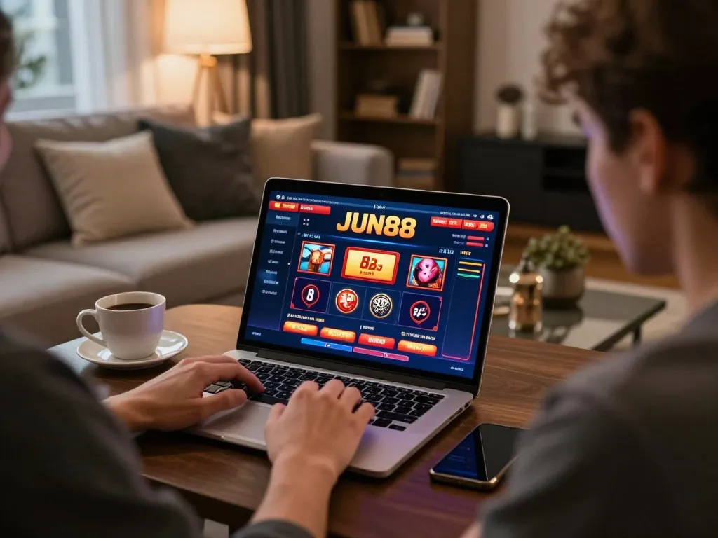 Player engaging in online JUN88 casino with laptop and smartphone in cozy living room.