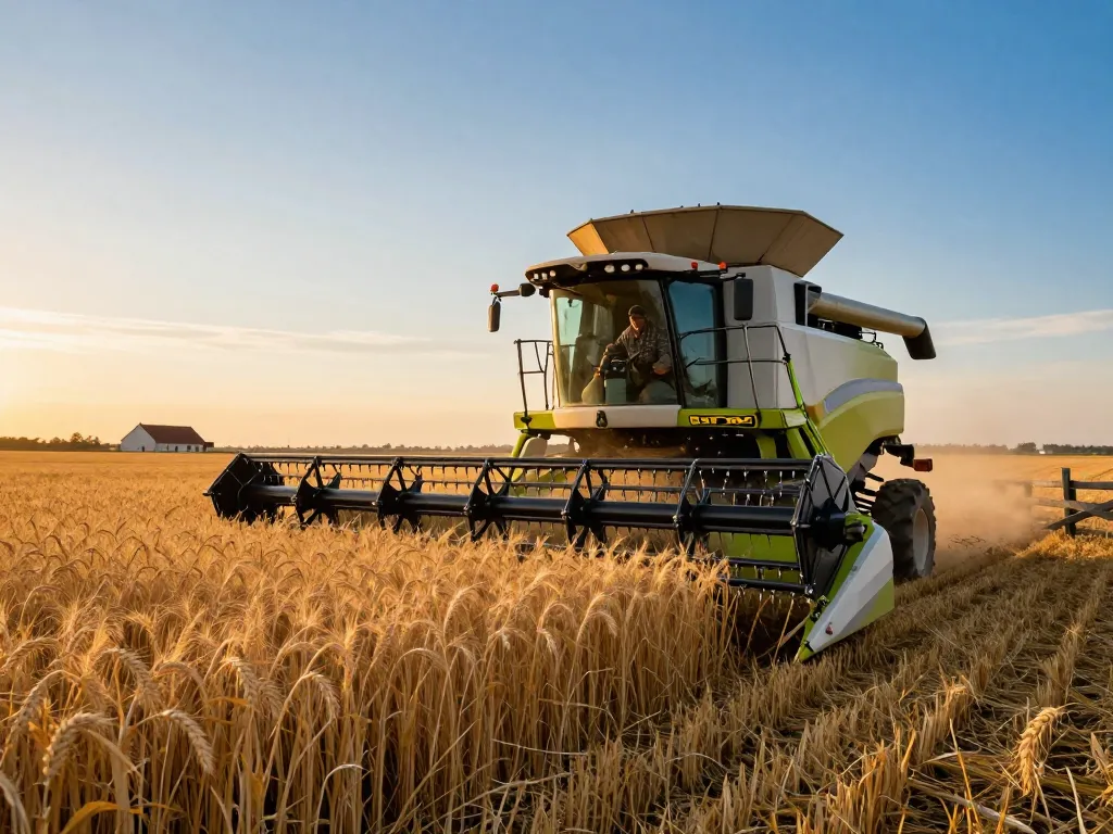 New Holland TR88 combine harvester operating in a golden wheat field at sunset, showcasing modern agricultural technology in action.