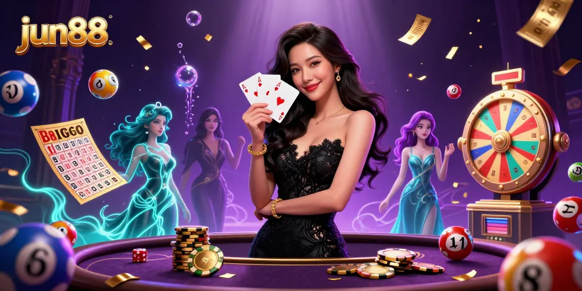 Experience thrilling gaming at jun88 with an elegant woman showcasing casino action surrounded by colorful lottery elements.