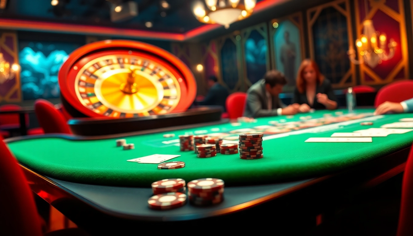 Engaged players at a luxurious 789club casino table, showcasing poker chips and a roulette wheel.