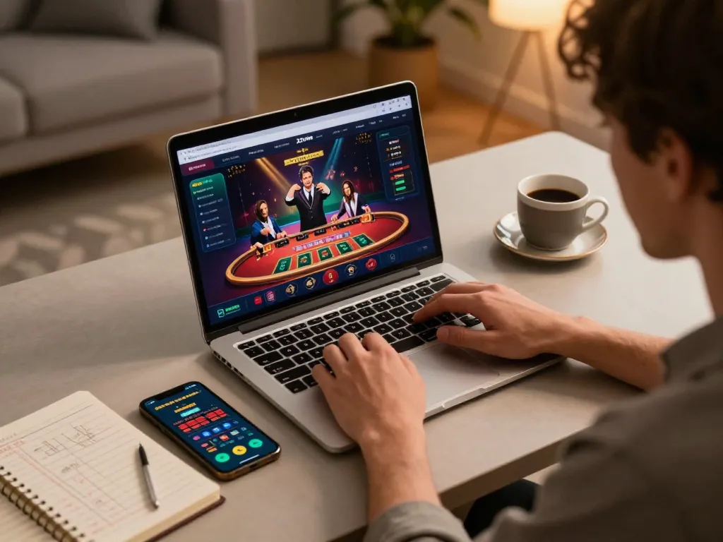 32win player enjoying live dealer game at a modern online gaming setup with strategy notes and smartphone.